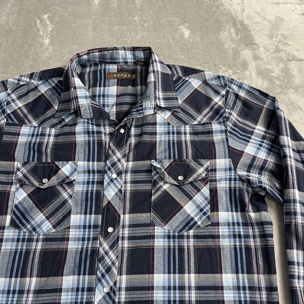Roper‎ Shirt Mens 2XL Blue Plaid Long Sleeve Western Snap Button Up Dressy